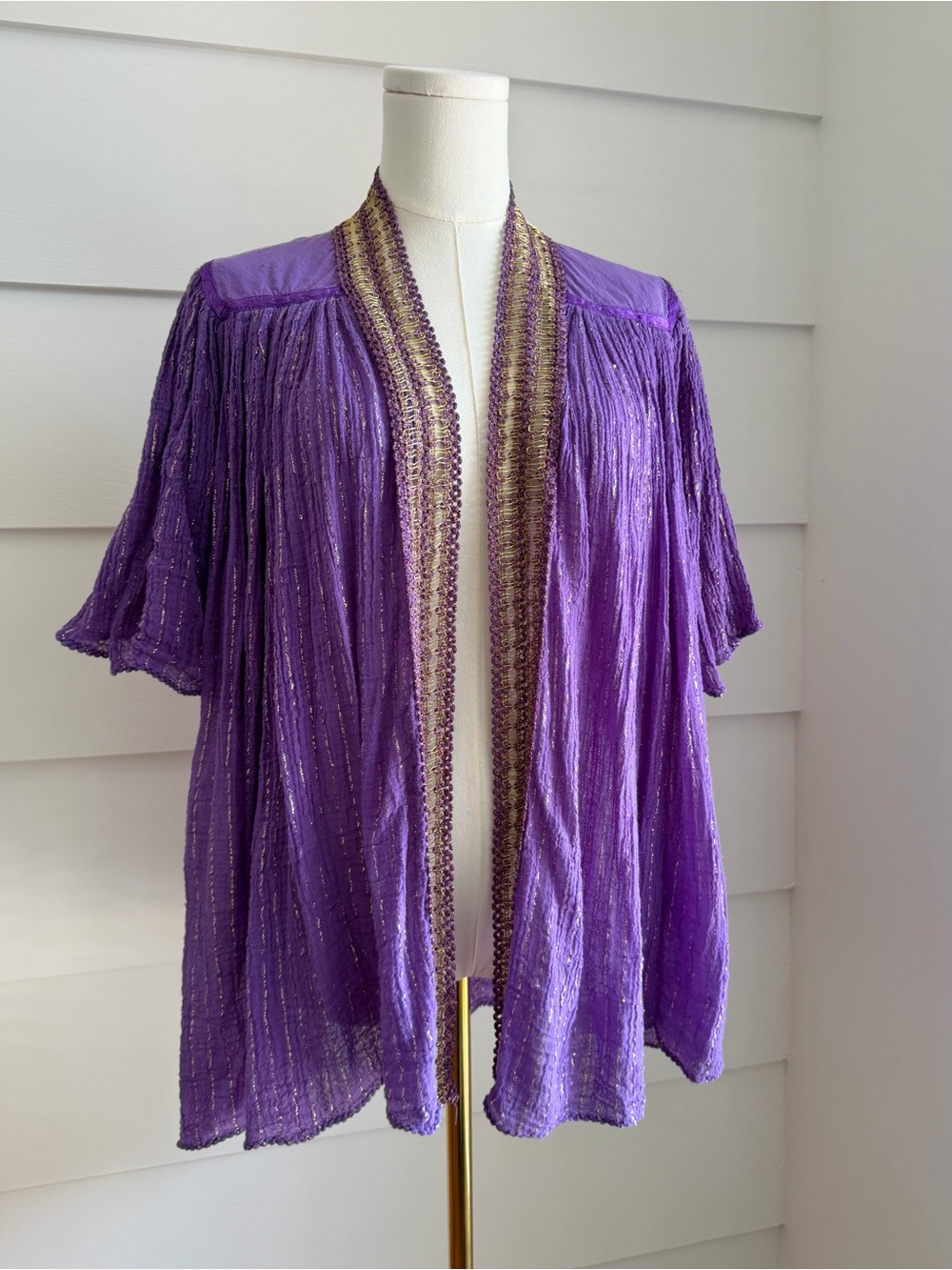 Vintage Purple Cotton Gauze Open Front Jacket Metallic Lurex Thread Cardigan 70s